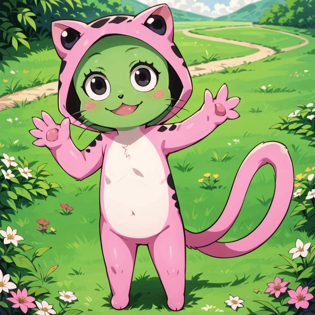score_9, score_8_up, score_8, score_7, source_anime, Frosch(FT), solo, cat, semi-anthro, furry, green fur, black eyes, black nose, white belly, long tail, pink costume, black spots, full body, looking at viewer, standing, waving at viewer, smile, sunny, grass field background,