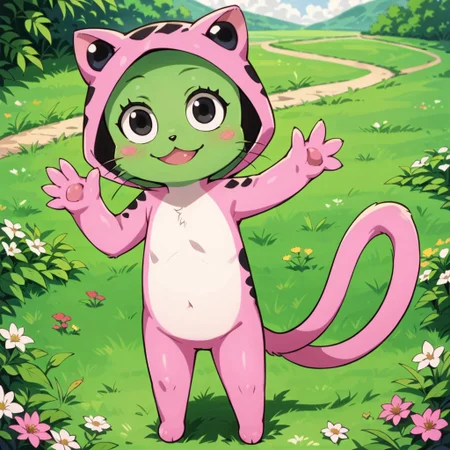 score_9, score_8_up, score_8, score_7, source_anime, Frosch(FT), solo, cat, semi-anthro, furry, green fur, black eyes, black nose, white belly, long tail, pink costume, black spots, full body, looking at viewer, standing, waving at viewer, smile, sunny, grass field background,
