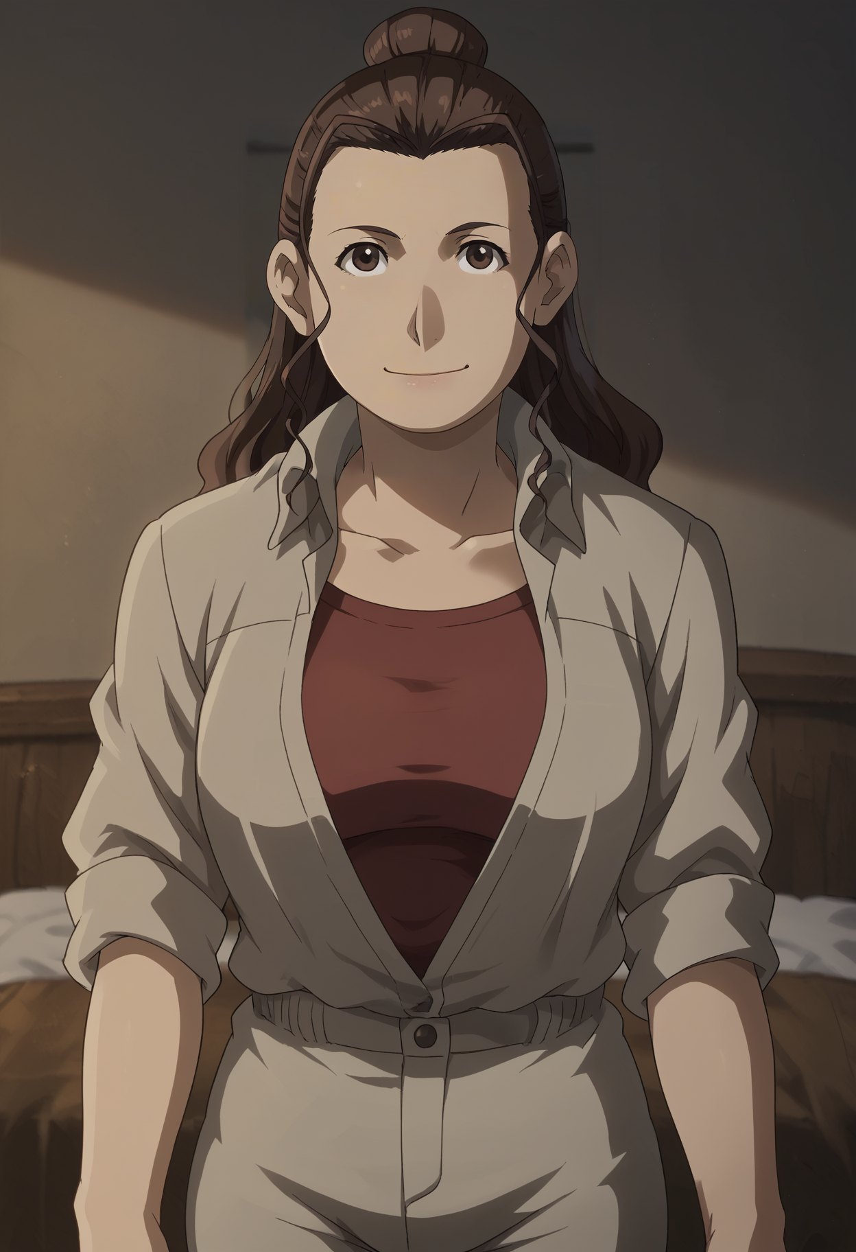 <lora:Pinako_Rockbell-Fullmetal_Alchemist:0.8>,Pinako,mature female,1girl,solo,brown hair,long hair,brown eyes,jacket,shirt,pants,looking at viewer,indoors,smile