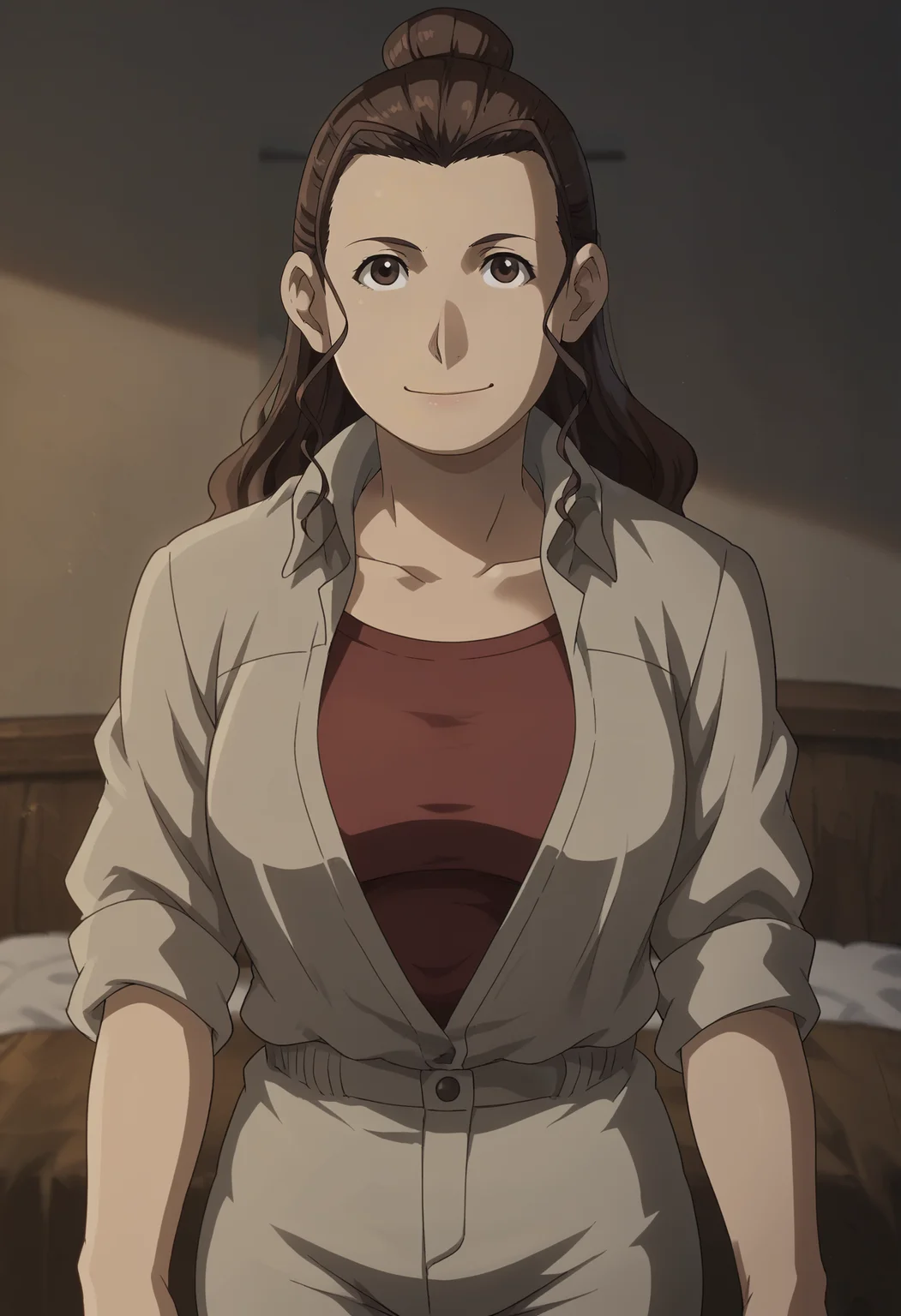 <lora:Pinako_Rockbell-Fullmetal_Alchemist:0.8>,Pinako,mature female,1girl,solo,brown hair,long hair,brown eyes,jacket,shirt,pants,looking at viewer,indoors,smile