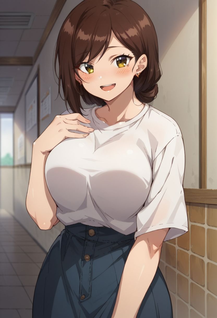 score_9, score_8_up, score_7_up, source_anime, 
takasakiminami, 1girl, solo, large breasts, looking at viewer, blush, shirt, open mouth, jewelry, earrings, smile