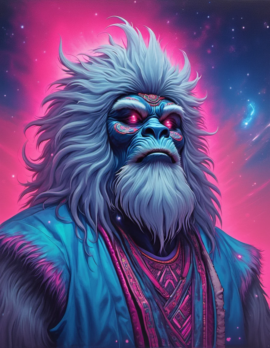 synthwave-galaxy,masterpiece, professional artwork, portrait painting of Yeti (Tibetan mythology)<lora:Synthwave_Galaxy:.8>