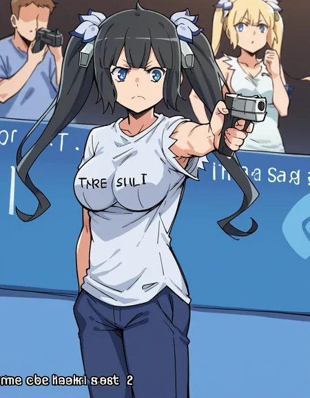 score_9, score_8_up, score_7_up, source_anime, <lora:danmachi-hestia-anime-ponyxl-lora-nochekaiser:1>, hestia, hestia (danmachi), blue eyes, black hair, twintails, large breasts, <lora:yusuf-dikec-ponyxl-lora-nochekaiser:1> yusuf dikec, yusuf dikec (meme), meme, hand in pocket, handgun, holding gun, gun, shirt, t-shirt, pants, audience,, , cowboy shot,