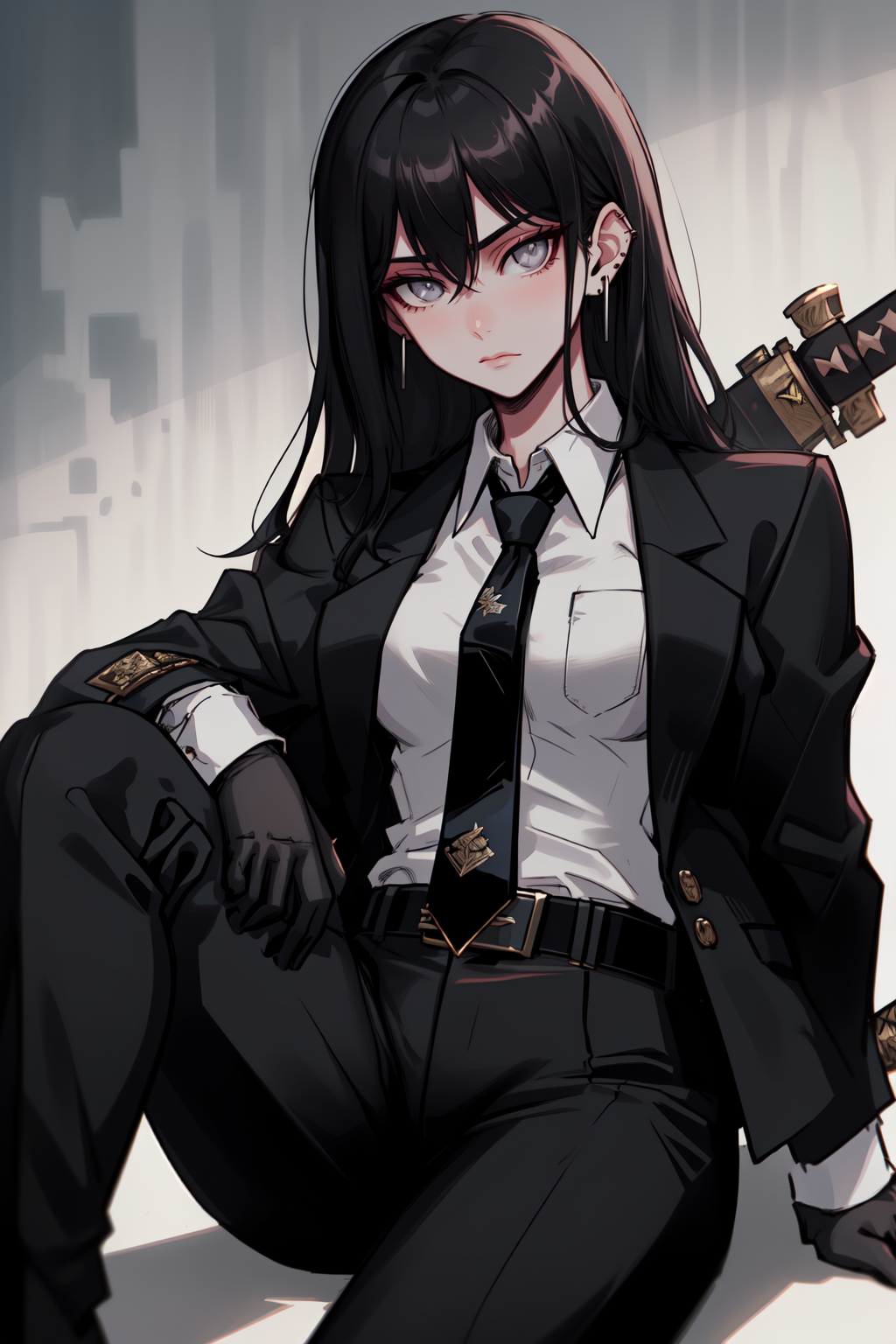 Goth girl, goth girl 1girl, 1girl,solo,long hair,looking at viewer,bangs,shirt,black hair,gloves,long sleeves,holding,hair between eyes,jewelry,sitting,closed mouth,jacket,white shirt,weapon,earrings,necktie,black gloves,collared shirt,belt,pants,sword,holding weapon,black jacket,grey eyes,holding sword,black pants,formal,katana,suit,sheath,black necktie,knee up,sheathed,black suit,  <lora:Goth_girl-v2S:0.8>