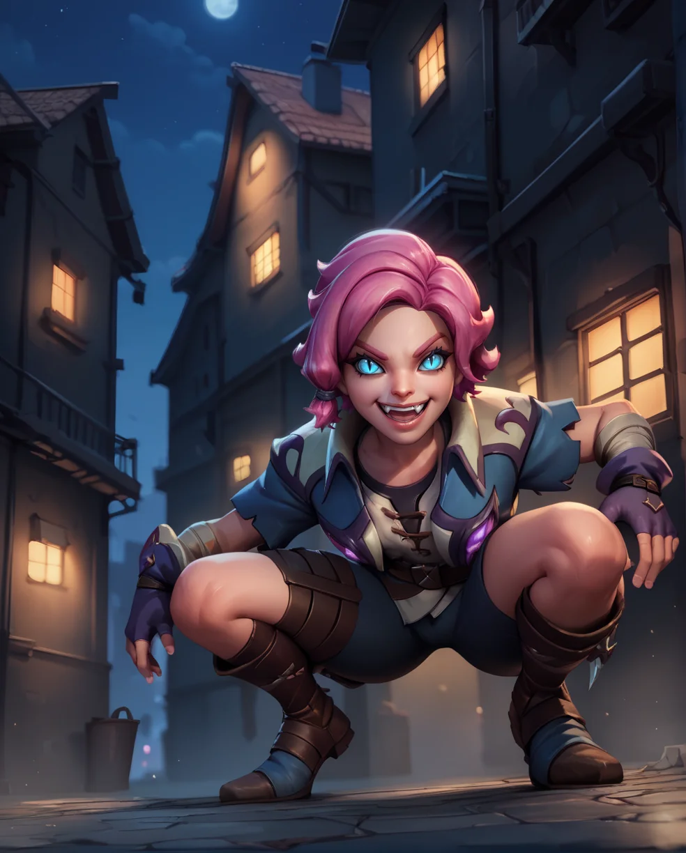 score_9,score_8_up,score_7_up,
maeve,solo.short pink hair with a hair knot,blue slit pupils,blue eyes,
belt,fingerless gloves,shirt,coat,short sleeves,smile,grin,
rooftop,fantasy,leaning forward,fang,open mouth, squatting,
night,alley,in the shadows,
<lora:maeve:0.8>,