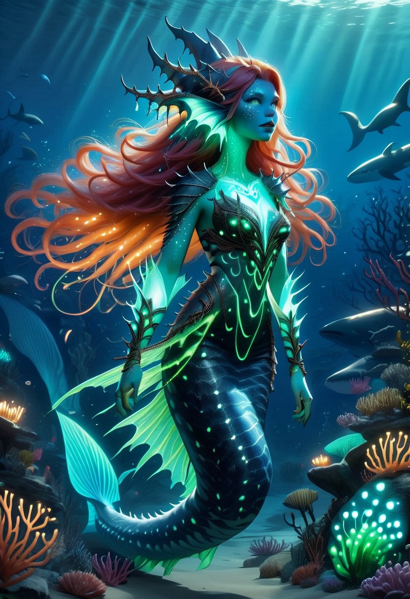a feminine  curvy bioluminescent siren With copper hair, Brightly coloured long finger nails, fangs, bohemian horror, whale-shark spots, translucent dress, muscular arms, fins,benthic merfolk,glow