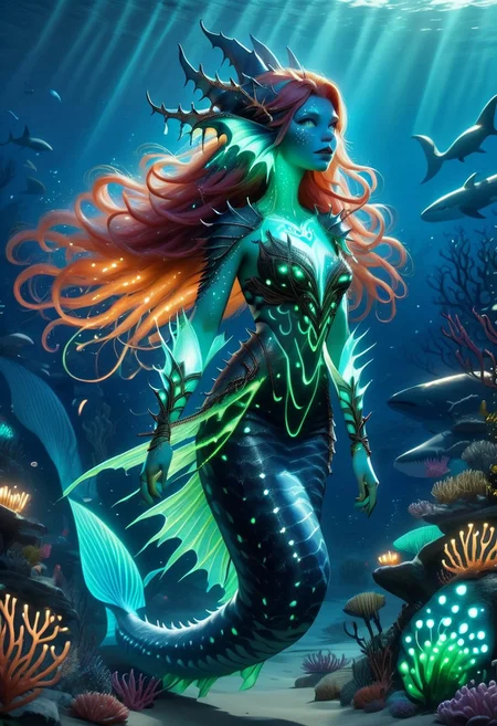 a feminine  curvy bioluminescent siren With copper hair, Brightly coloured long finger nails, fangs, bohemian horror, whale-shark spots, translucent dress, muscular arms, fins,benthic merfolk,glow