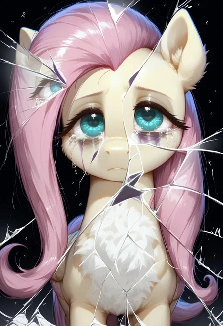 rating_questionable, score_9, score_8_up, score_7_up, pony, feral, fluttershy, reflection, Broken glass, dark theme, moody, bags under eyes, depressed, purple blood, scars, charming eyes, small tears, detailed, realistic, BREAK, zPDXL3, MegaFluffyPony, fluffy, shiny,