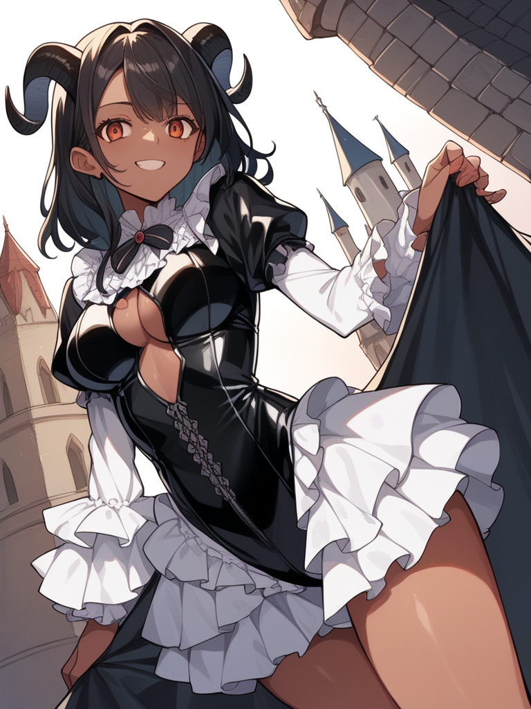 score_9,score_8,score_7,source_anime,rating_safe,<lora:Too_many_frills_pony:1>,too_many_frills,1girl,dark skin,evil smile,demon girl in medieval castle,villain,horns,center opening,latex leotard,