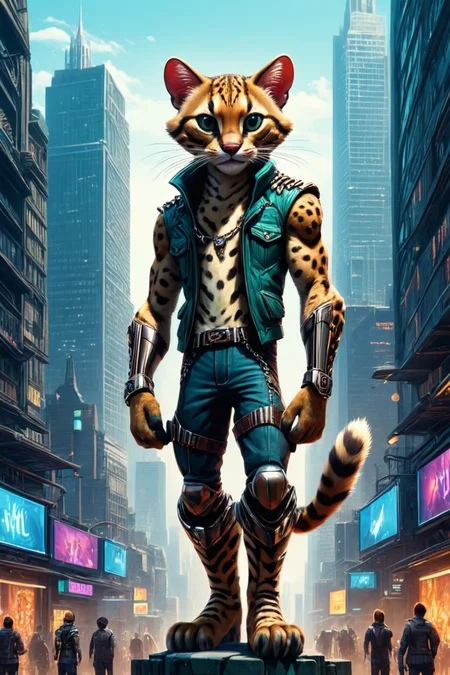 Detailed digital illustration of an anthro Ocelot (Standing on tiptoes, playful energy) at a Dystopian cityscape with giant holographic displays, <lora:xl_more_art-full_v1:0.5>, <lora:anthro_muscular:0.7> , <lora:madpunk:0.4> madpunk