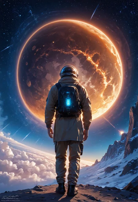 score_9,score_8_up,score_7_up,embedding:zPDXL2, masterpiece,best quality,highly detailed,detailed background, film grain,colorful,glowing,hand person,Expressiveh, , solo, 1boy, standing, male focus, bag, from behind, watermark, backpack, helmet, star \(sky\), scenery, 1other, science fiction, realistic, space, planet, ambiguous gender, spacecraft, spacesuit, astronaut, starship，<lora:增强\(增强)sdxl_lightning_8step_lora.safetensors:1.0:1.0> <lora:增强\(增强)Expressive_H-000001.safetensors:0.8:0.8> <lora:增强\(增强)Hands XL 4.safetensors:1.0:1.0> <lora:增强\glowneon_xl_v1.safetensors:1.0:1.0> <lora:Vixon\收藏\Vixon's Pony Styles Illumi.safetensors:0.8:0.8>