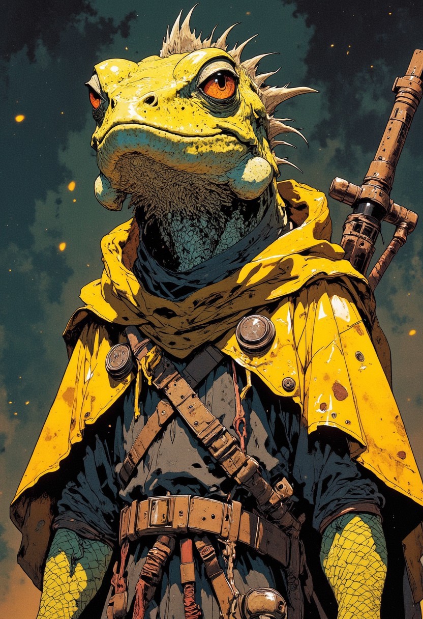 cinematic film still award winning photo cute yellow Iguana, rust, epic, wearing cultist cloak, full body . shallow depth of field, vignette, highly detailed, high budget, bokeh . shallow depth of field, vignette, highly detailed, high budget, bokeh, cinemascope, moody, epic, gorgeous, film grain, grainy