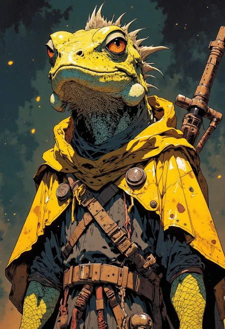 cinematic film still award winning photo cute yellow Iguana, rust, epic, wearing cultist cloak, full body . shallow depth of field, vignette, highly detailed, high budget, bokeh . shallow depth of field, vignette, highly detailed, high budget, bokeh, cinemascope, moody, epic, gorgeous, film grain, grainy