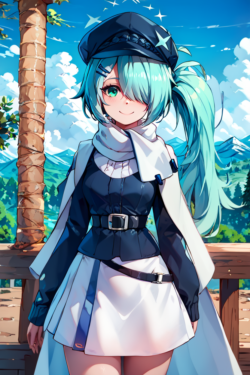 score_9, score_8_up, score_8, medium breasts, (curvy), cute, eyelashes,       BREAK, , ,,,  zzHiyori, long hair, hair over one eye, side ponytail, hairclip, hair ornament, aqua hair, green eyes, black headwear, hat, cabbie hat, long sleeves, white skirt, belt, white scarf, <lora:Hiyori_BlueArchive_PDXL_v2:0.8>,   ,,,, BREAK, looking at viewer, smile, outdoors, sky, day, cloud, tree, blue sky, mountain, cowboy shot, ,,, embedding:zPDXL, Expressiveh, ,,, <lora:Alola_Style_PDXL:0.8>, <lora:CatalystStylePDXL:0.8>, <lora:Expressive_H-000001:0.4>,