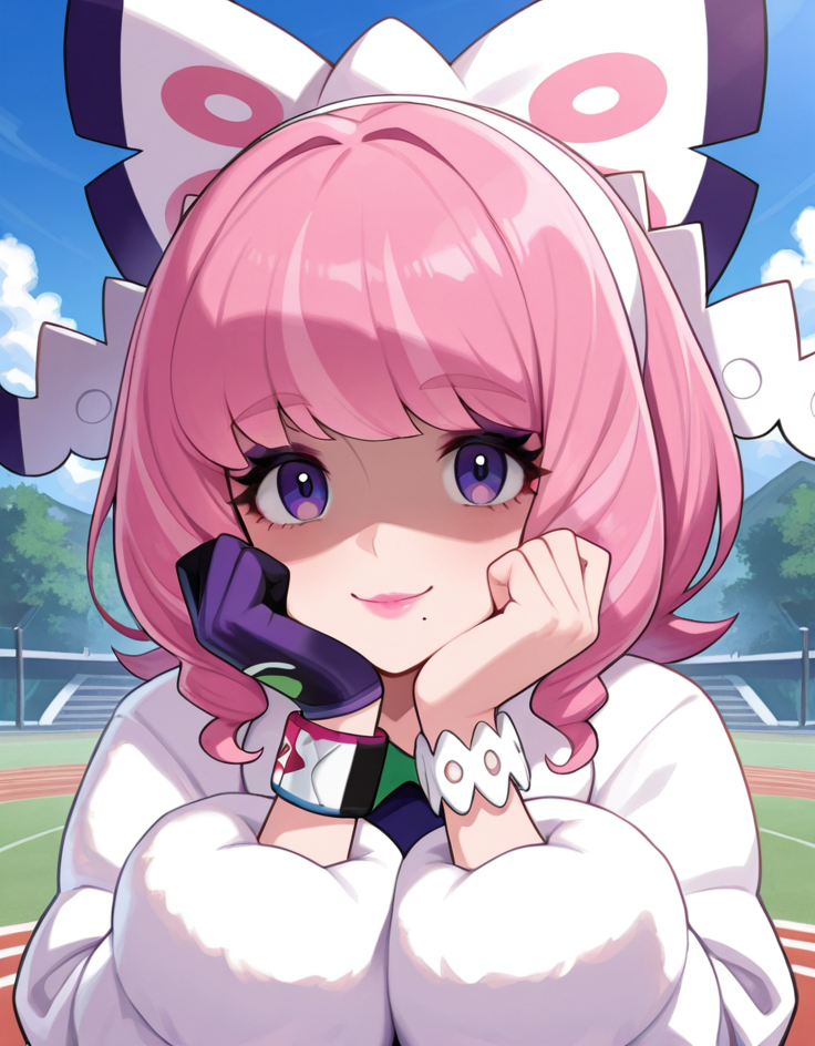 masterpiece, best quality, amazing quality,  very aesthetic, absurdres,  newest, detailed background, 4k, 8k, outdoors, 
klaraxd, 1girl, solo, pink hair, gloves, mole under mouth, purple eyes, mole, single glove, pink lips, hands on own face, looking at viewer, bangs, jacket, bow, white jacket, upper body, hair bow, smile, hands up, closed mouth, shaded face, eyelashes, makeup, bracelet, hands on own cheeks, purple gloves, dynamax band, eyeshadow, jewelry, white bow
 <lora:Klara_-_Pokemon_Illustrious:1>
