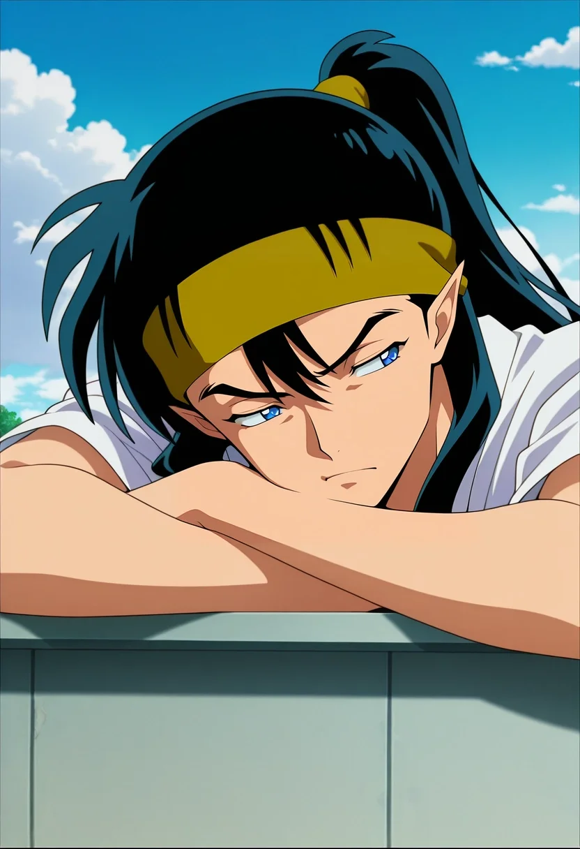 masterpiece, best quality, intricate details, anime screencap, anime coloring, official style, , 1boy, solo, male focus, <lora:kouga_inuyasha_ilxl:0.98>, kouga_inuyasha, black hair, blue eyes, long hair, ponytail, pointy ears, headband, , close-up, school, day, clouds, leaning on object, squinting,