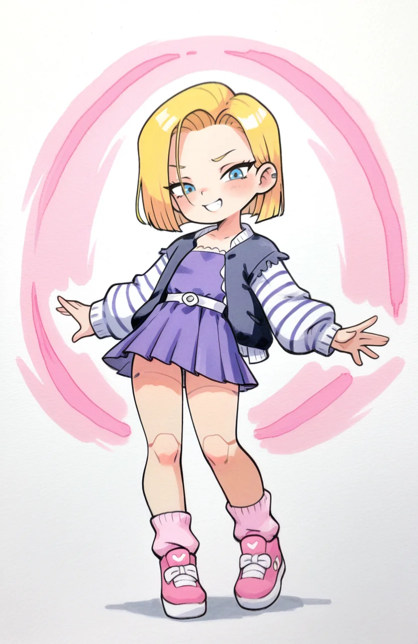 1girl, solo, <lora:qtkat:0.9> qtkat, traditional media, watercolor \(medium\),
android 18, blonde_hair, blue eyes, black open jacket, mao jacket, purple open cardigan, lace-trimmed cardigan, thumb hole sleeves, long sleeves, purple dress, pleated dress, micro dress, short puffy sleeves, pink tube socks, pink reebok pumps, standing, arms open wide, exuberant smile, delighted expression, radiant aura, extremely detailed, highres, masterpiece, best quality