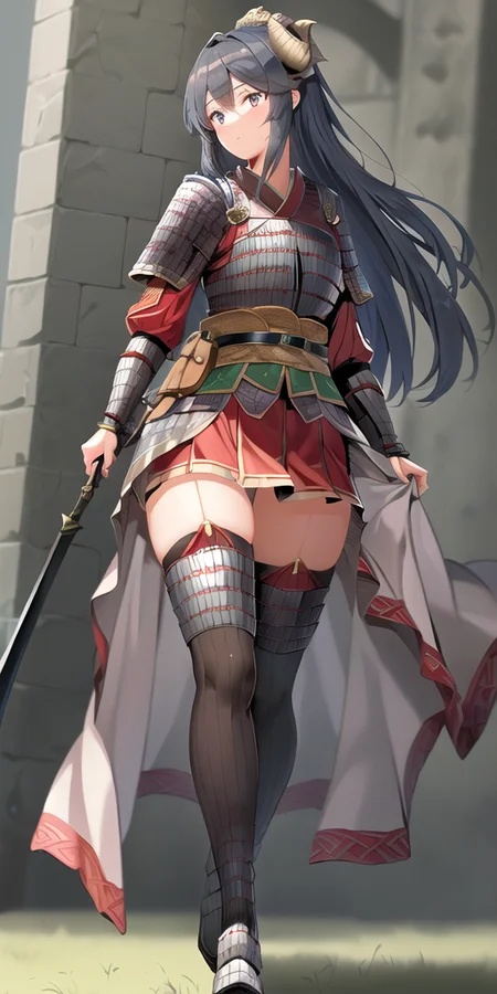wh_chi_armor, (masterpiece:1.1025), (best quality:1.05), (an extremely delicate and beautiful:1.05), (extremely detailed CG unity 8k wallpaper:1.05), (absurdres:1.05), (ultra-detailed:1.05), (1girl:1.2), armored dress, armored boots, sword, holding weapon, hanfu, thighs, legs, thighhighs, dragon print, walking forward<hypernet:anime:1>