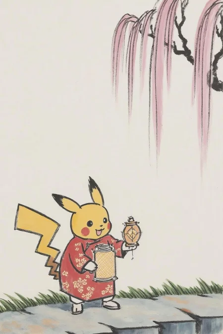 fzk1 minimalist ink painting. Pikachu is dressed in a red and gold traditional Chinese outfit, holding a lantern under cherry blossoms during the Spring Festival. The colors are vibrant, conveying joy and celebration. In the style of anime art. <lora:fzk2_nocap_d6a3:1.0><lora:815041422760636430:0>