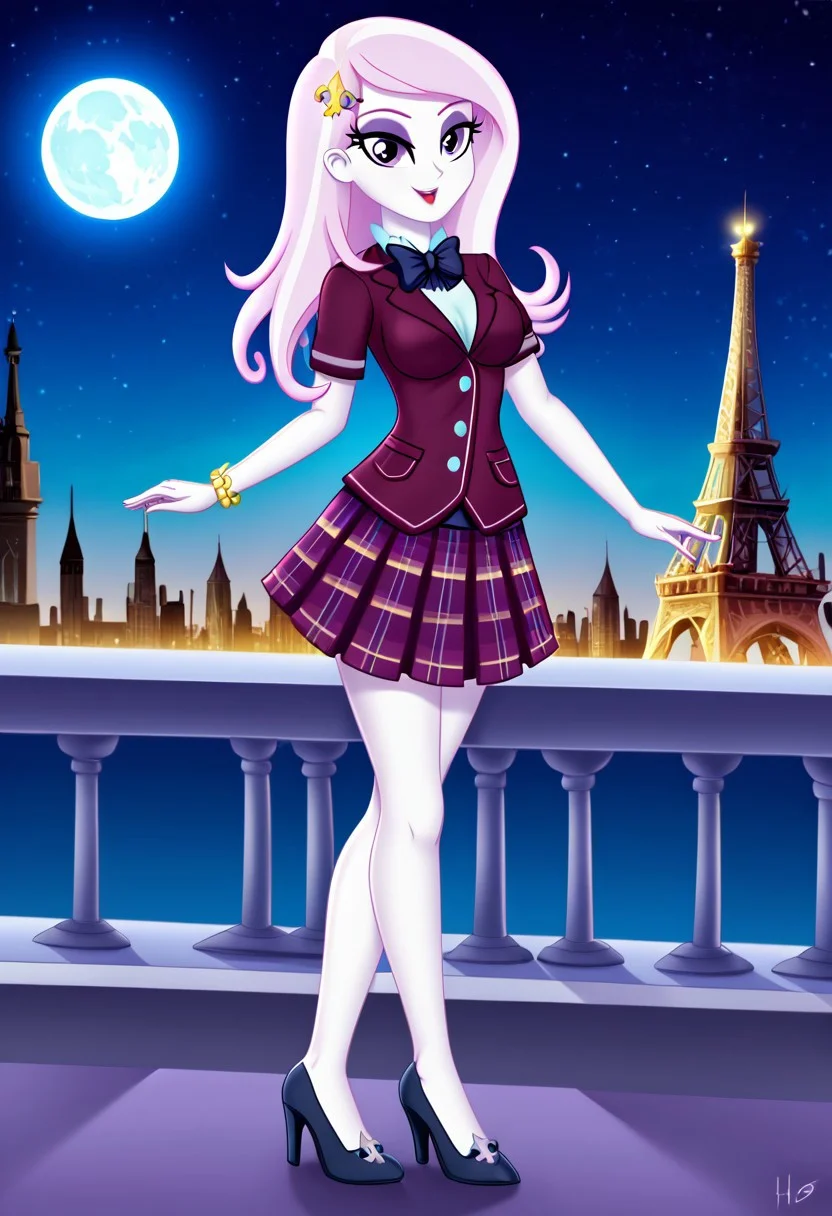 (High Resolution), (More Details), (8K), (High Resolution), NEGATIVE_HANDS, Fleur-de-lis, Equestria Girls,1 girl, Alone, Normal breasts, High heels, Full body, bare breasts, blouse, bow tie, bracelet, clothing, Crystal Prep Academy, Crystal Prep Shadowbolts, eyeshadow, female, fleur-de-lis outfits, short sleeves, makeup, plaid skirt, pleated skirt, skirt, high heels , Normal hips, Toned, Sexy model body, Beautiful, Sexy, Attractive, Erotic pose, Different erotic and sensual poses, Erotic, Strolling through the streets of Paris, France, At night, big full moon, Eiffel Towers