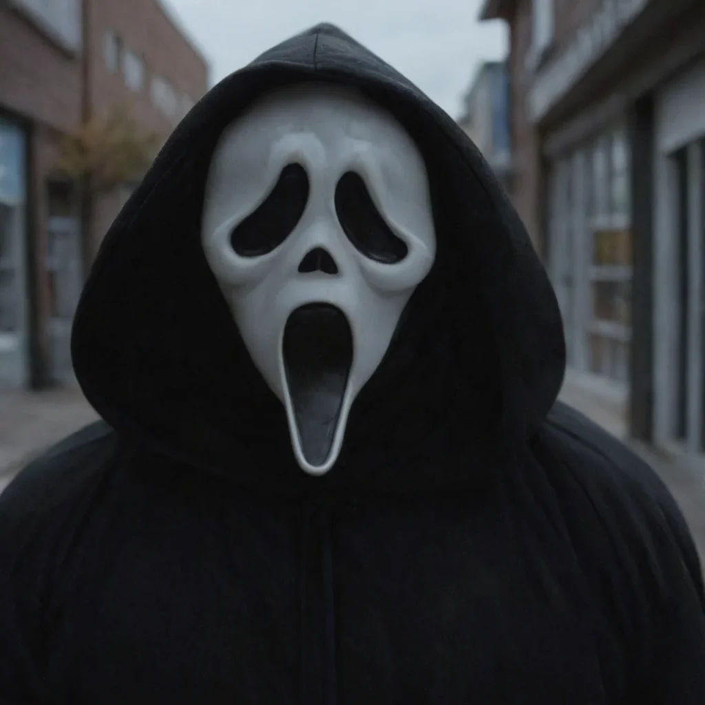 cinematic film still of <lora:Chiaroscuro Lighting Style:1> Chiaroscuro Lighting Style
<lora:Ghostface:1>
Ghostface a person in a black hoodie with a white face and a black hoodie,scream horror movie style,solo,open mouth,1boy,upper body,male focus,outdoors,hood,blurry,mask,blurry background,hood up,photo background,black robe,convenience store , realistic, sharp, detailed, classic, 1990's, horror, photography, artistic, perfect knife, crazy, shallow depth of field, vignette, highly detailed, high budget, bokeh, cinemascope, moody, epic, gorgeous, film grain, grainy
