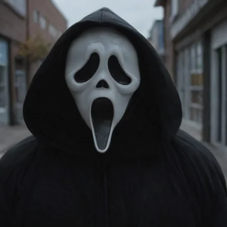cinematic film still of <lora:Chiaroscuro Lighting Style:1> Chiaroscuro Lighting Style
<lora:Ghostface:1>
Ghostface a person in a black hoodie with a white face and a black hoodie,scream horror movie style,solo,open mouth,1boy,upper body,male focus,outdoors,hood,blurry,mask,blurry background,hood up,photo background,black robe,convenience store , realistic, sharp, detailed, classic, 1990's, horror, photography, artistic, perfect knife, crazy, shallow depth of field, vignette, highly detailed, high budget, bokeh, cinemascope, moody, epic, gorgeous, film grain, grainy