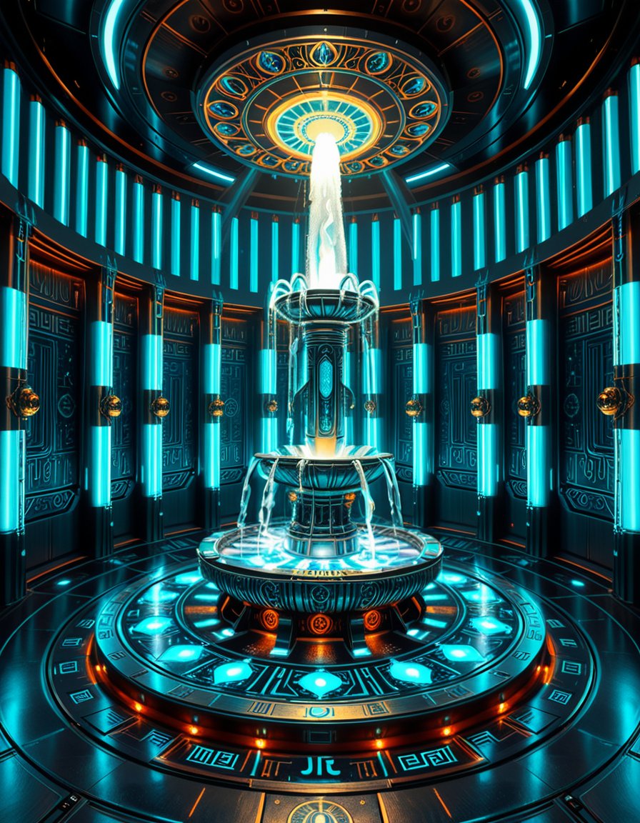 The center of a high-tech, alien temple-laboratory, where dark metallic walls shimmer under the glow of cyan vertical light tubes and faint sacred runes. In the middle of the chamber lies an elaborate biomechanical fountain, rising like an altar from a circular platform of engraved metal. The fountain pulses with iridescent liquid light, flowing in gravity-defying streams that spiral upward before cascading back into a glowing basin etched with ritual patterns. Bioluminescent veins run through the structure, illuminating the surrounding floor like circuitry. Overhead, a radiant, halo-like design casts a celestial glow, enhancing the surreal, sanctified atmosphere. The space exudes a fusion of sacred ceremony and alien technology, as if the fountain were a source of divine power worshipped by another world.
<lora:high-tech_alien_temple_f0unt41n:1>,high-tech alien temple f0unt41n,<lora:SDXLFaeTastic2400:0.4> <lora:extremely_detailed:0.4> extremely detailed, Masterpiece,best quality,hi res,8k,hi res,8k,award winning,(sharp focus, intricate, highly detailed),