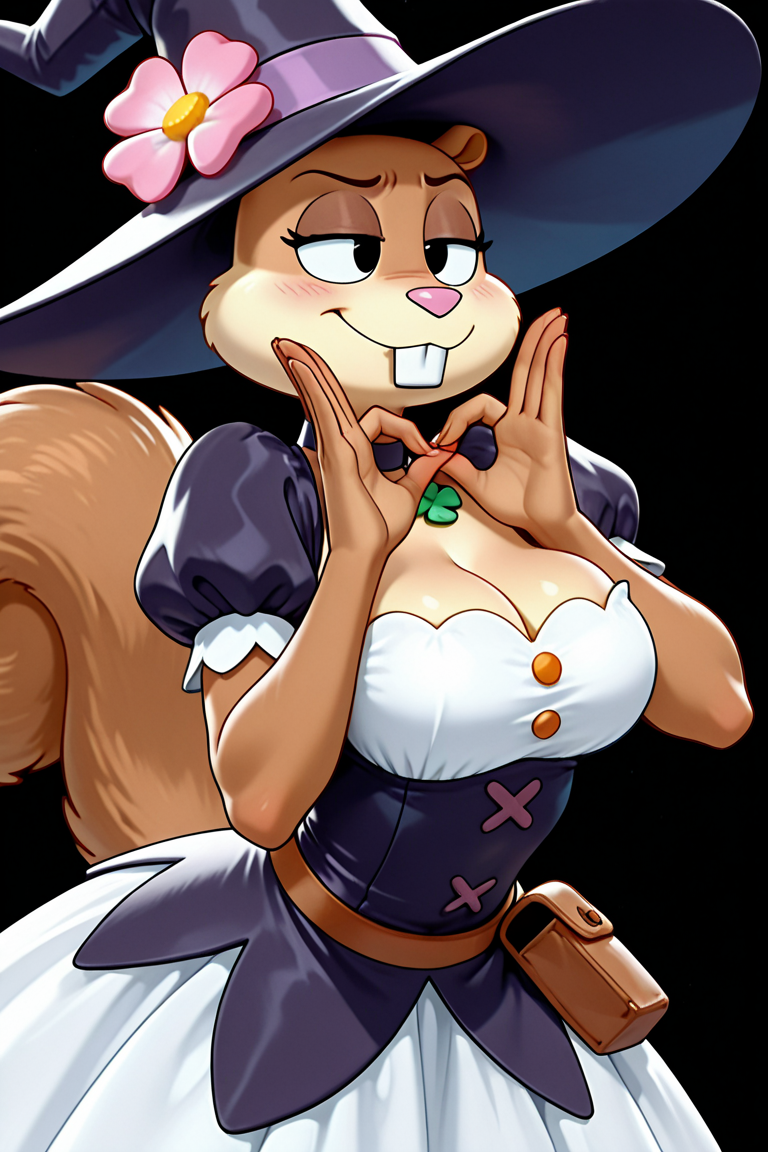 masterpiece, best quality, aesthetics, amazing quality, 1girl, female furry , solo , black eyes, brown fur, squirrel tail, squirrel diet, pink nose, large breasts 
,BREAK,, 
        gown green , Clovers, black background, Witch hat, afterglow, slit_throat_(gesture), leaning_forward,contrapposto, upper body ,jasmine_flower,four_leaf_clover.witch_hat white_flower clover vine lily_pad water tattoo