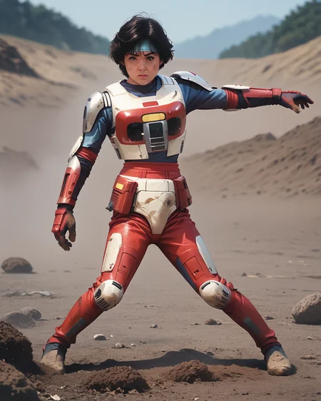 <lora:10_diana_full_2_pdxl-000004:1>, score_9, score_8_up, score_7_up, spielban_diana, cost3, 1girl, solo, diana_lady_suit, brown eyes, black hair, short hair,  blue diana_headband, standing,  full body, outdoors, dirt slope, battle armor