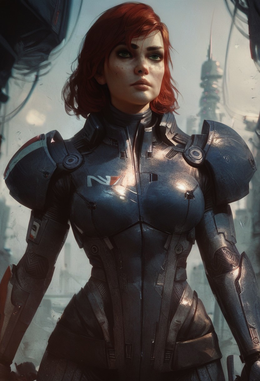 score_9, score_8_up, score_7_up, score_6_up,  
1girl, HD, solo, femshepxl, red hair, green eyes, medium hair, bodysuit, armor, holding a gun, 
front view, waist up, 
futuristic city background