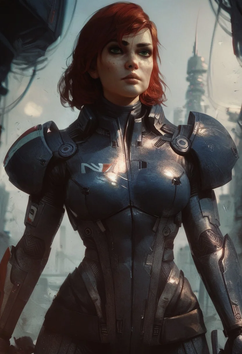 score_9, score_8_up, score_7_up, score_6_up,
1girl, HD, solo, femshepxl, red hair, green eyes, medium hair, bodysuit, armor, holding a gun,
front view, waist up,
futuristic city background