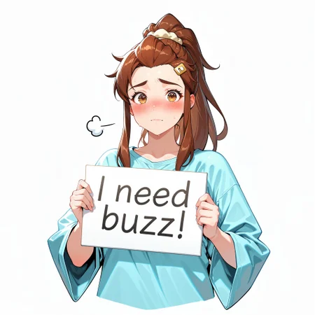 score_9, score_8_up, score_7_up, score_6_up, anime, beautiful, stunning, masterpiece, best quality, amazing quality,
brigitte (overwatch), brown hair, long hair, ponytail, brown eyes,
need_buzz, holding sign
1girl, solo, hair ornament, long hair, blush, hairclip, simple background, shirt, blue shirt, upper body, looking at viewer, long sleeves, puff of air, cropped torso, closed mouth, scrunchie, wide sleeves,
