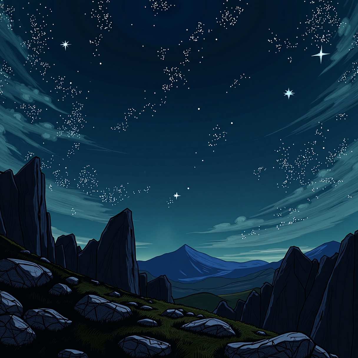 dark scrible of a landscape of a (Celestial Plains of the Starry Fields:1.3) , Stone, hillside, Anime screencap, Islandpunk, side lit