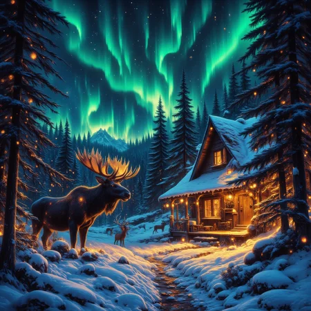 In a secluded forest clearing surrounded by towering pine trees that shimmer with an ethereal glow under the canopy of stars above,stands a cozy wooden cabin. The rustic dwelling is adorned with twinkling fairy lights and wreaths made from fragrant evergreen branches. A thick blanket of snow crunches softly beneath your boots as you approach the inviting warmth emanating from within.,
As night falls,the sky transforms into an otherworldly canvas of swirling colors - emerald greens,sapphire blues,and fiery oranges dance in mesmerizing patterns above. The air is crisp with a hint of woodsmoke and pine resin. Suddenly,a majestic moose emerges from the shadows,its antlers reaching towards the aurora-lit heavens as if communing with the celestial magic.,
In the distance,a herd of deer grazes peacefully under the spectral light show,their coats glistening like polished onyx in the shimmering hues. The forest comes alive with an enchantment that seems to pulse from every living thing - trees,creatures,and even the snowflakes themselves appear imbued with an ancient,mystical energy.,
As you step inside the cabin's welcoming embrace,a crackling fire casts golden light upon plush furs and woven blankets. The scent of hot cocoa mingles with the earthy aroma of the forest outside. It's as if this secluded sanctuary has been waiting just for you - a place where wonder and magic converge under the starry expanse of the northern wilderness.,<lora:FluxDFaeTasticDetails:0.75>,<lora:FluxMythR3alisticF:1>,R3alisticF,<lora:FLUX_Bioluminescent_Concept:1>,bo-bioluminescent,
