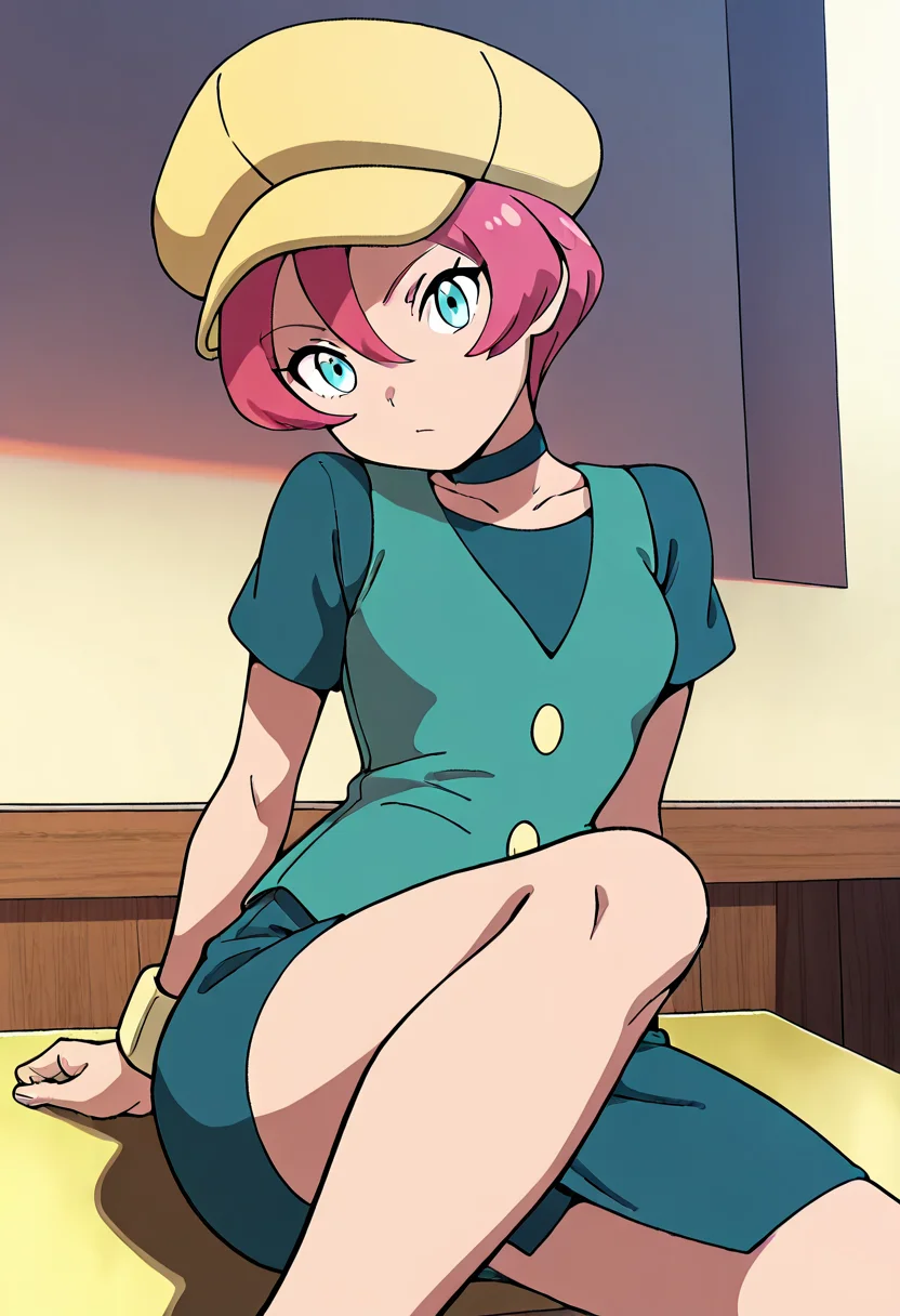 masterpiece, best quality, 1girl, solo, eyelashes, (beautiful eyes), zzGeorgia, aqua eyes, pink hair, hair between eyes, short hair, yellow cabbie hat, pencil skirt, green vest, choker, <lora:GeorgiaPokemon_IXL_v3:1.0>,