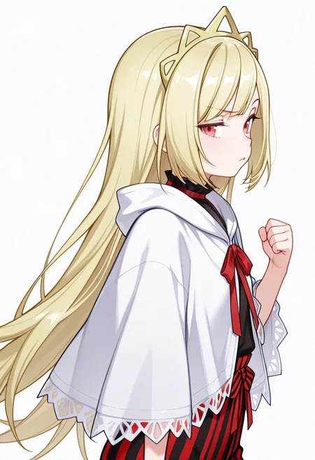 Smooth Quality,masterpiece,very intricate, high quality details, ultra realistic, high detailed skin,detailed enviorement,absurdres,
clenched hand,
<lora:Ecute_CNR:0.8> ecute_cnr, 1girl, blonde hair, very long hair, red eyes,, simple background, white background, from side,solo,, raised eyebrow,, poncho, ,qipao top, ,striped pants, ,