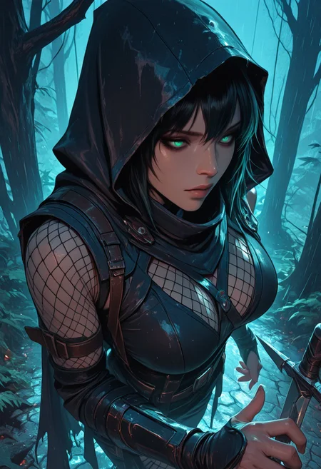 (masterpiece), (best quality), (ultra-detailed), 1girl, unique face, female ninja assassin, emerging from deep shadows, dramatic lighting, dark fabric and layered leather armor, hooded cloak, traditional ninja gear, sleeveless, fishnets under clothing, large breasts, slashed clothing, beautiful girl, detailed face, throwing knife in hand, waist-up view, tense and silent movement, low pose, cinematic lighting from above, rain-slick stone walls, misty air, subtle fog, textured cloth, leather straps, poised and controlled demeanor, ancient forest temple, night, at night, semi-realistic style, moody atmosphere, dramatic foreshortening, action shot, dynamic angle, unique angle,
