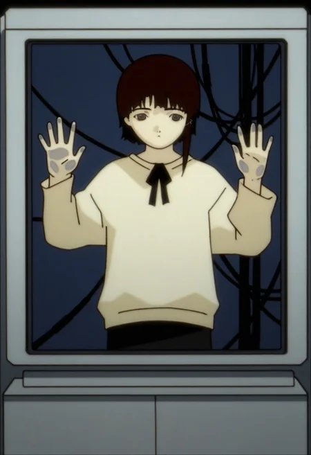 1girl, iwakura_lain_\(sel\), oversized tan shirt, neck ribbon, black skirt, Old TV screen, against glass, hands on glass, film grain, vhs, cables,