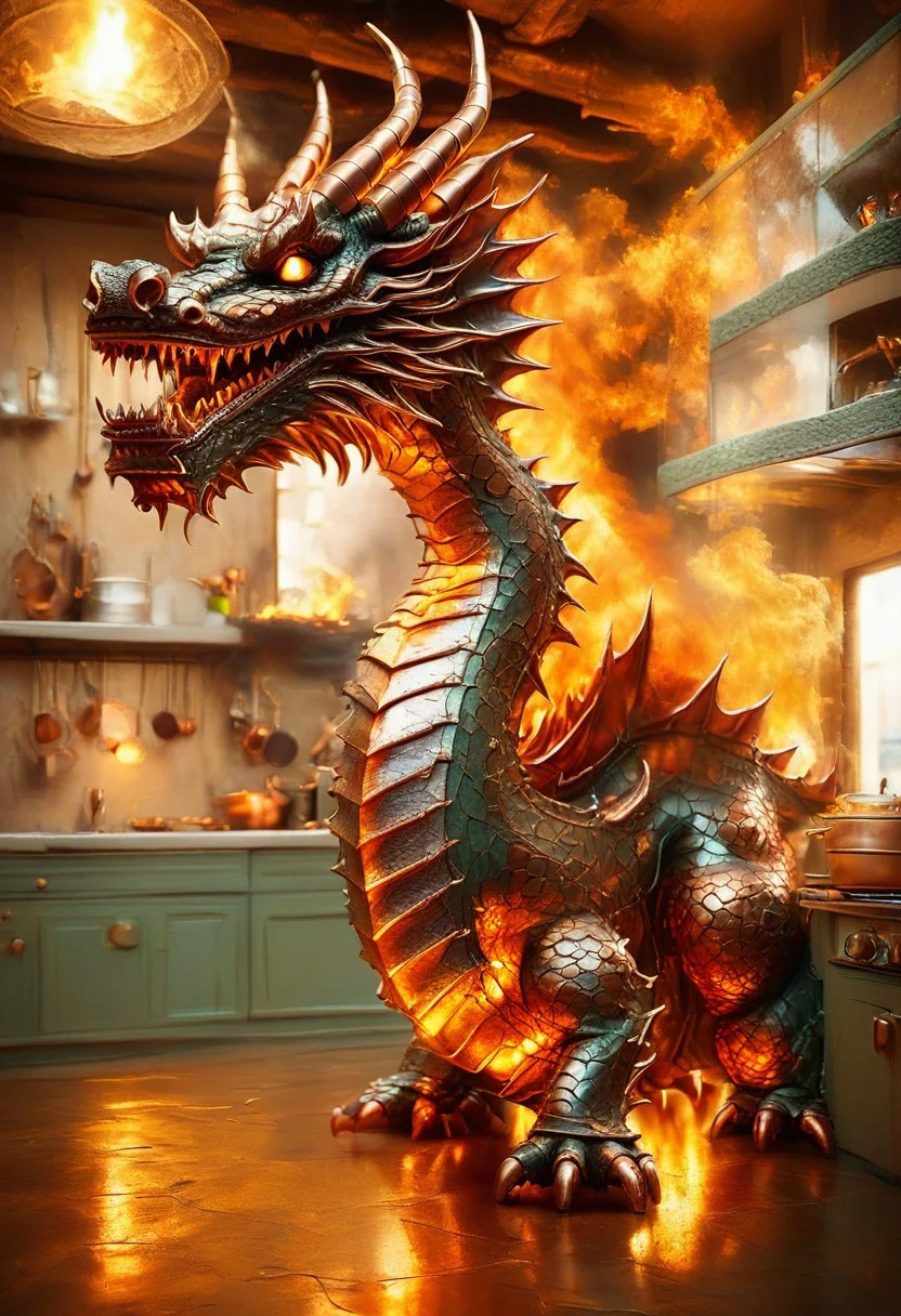 Score_9, score_8_up, score_7_up, high quality, 4k, 8k, extremely detailed, dragon in kitchen made out of copper, rendered in stunning detail by Andrei Kolkoutine. big, round eyes, adorable expression. fire, explosions, funny theme, witty, Humor and wit, Aesthetic appeal, Engagement sparks, funny