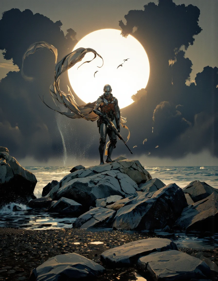 Art by Richard Anderson. A digital illustration shoot from a low-angle perspective about a serene and powerful scene depicting a robot standing on a rocky shore with a long, flowing tail, holding a rifle. the robot, positioned in the middle of the image, is wearing a futuristic suit with a metallic finish and a helmet, and has a stern expression on its face. it is positioned on the rocky shore, with its body facing the viewer, and its tail curling around its body. the background features a dramatic, stormy sky with dark clouds and a large, ethereal glow, with a few birds flying in the distance. the overall mood is one of power and strength, with the robot standing tall and proud, as if ready to take on any challenge that comes its way.