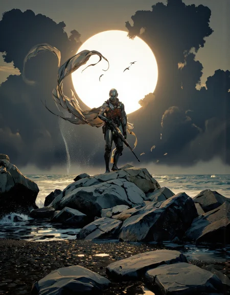 Art by Richard Anderson. A digital illustration shoot from a low-angle perspective about a serene and powerful scene depicting a robot standing on a rocky shore with a long, flowing tail, holding a rifle. the robot, positioned in the middle of the image, is wearing a futuristic suit with a metallic finish and a helmet, and has a stern expression on its face. it is positioned on the rocky shore, with its body facing the viewer, and its tail curling around its body. the background features a dramatic, stormy sky with dark clouds and a large, ethereal glow, with a few birds flying in the distance. the overall mood is one of power and strength, with the robot standing tall and proud, as if ready to take on any challenge that comes its way.