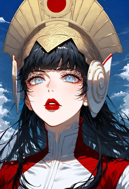 1girl, full body panagiataosmtv, long hair, black hair, blunt bangs, blue eyes, helmet, white bodysuit, red skirt,yellow field, dark deep blue sky, evening. upper body shot, closeup, portrait, sky, clouds, blacklight, dappled light,dappled sunlight <lora:sxz-Slavic-Fantasy-pdxl:0.75>, BREAK, score_8_up, score_7_up, Expressiveh, slavic,kanekostyle, lipstick, eye shadow, eyelashes