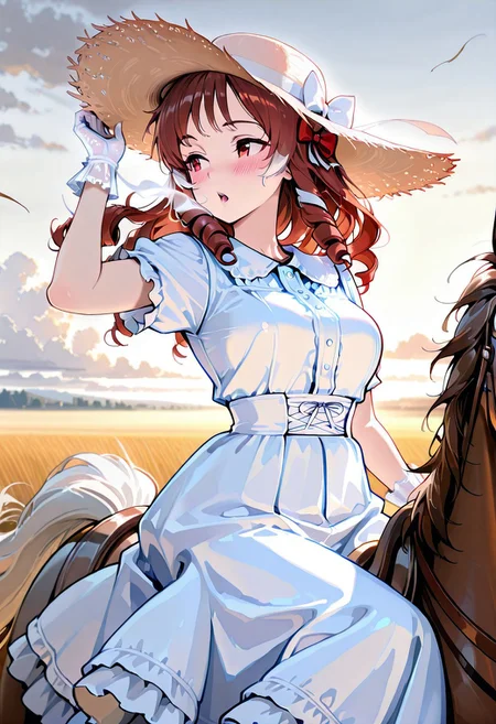 masterpiece, best quality, amazing quality, girl, brown hair, perfect eyes, portrait shot, long hair, ringlets hair, bangs, medium breasts, 8k, highest quality, ultra details,1girl, solo,
Southern Belle, frilly lacy (red:1.4) hoop skirt dress, cinched waist, short sleeves, white hair bow, red hair ribbons, white wide brim straw hat, medium breasts, white silk gloves, blush, looking to the side, slightly open mouth, strong wind, hair blowing in the wind, holding down hat with hand, dress blowing in the wind, sunny day, summer season,riding a horse, sitting side-saddle, through a grassy field, fluffy white clouds, outdoors, warm colors, warm lighting