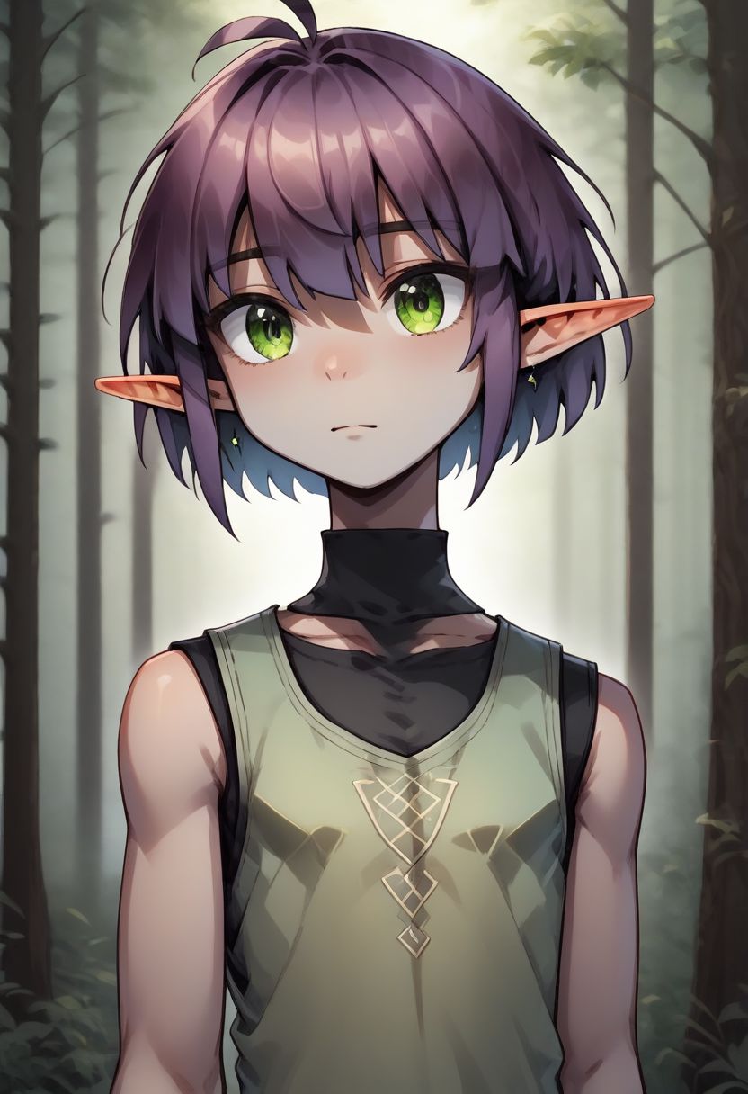 ASCIILapanya, 1 person, solo, pointy ears, ((snout nose)), flat chest, small nostrils, short stature, skinny arms, ((hazel irises)), fair skin, ((dark lilac hair)), short hair, tomboy haircut, small nostrils, 3 fingers 1 thumb ((Sleeveless green vest, fitted black undershirt, black pantaloons, fully clothed))
((Forest background)), fully clothed, 
clean lines, up close, upper body focus, highly detailed face, high quality, best quality,  score: 9, score: 8 up, rating: safe