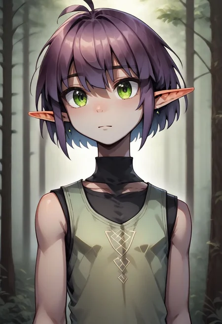 ASCIILapanya, 1 person, solo, pointy ears, ((snout nose)), flat chest, small nostrils, short stature, skinny arms, ((hazel irises)), fair skin, ((dark lilac hair)), short hair, tomboy haircut, small nostrils, 3 fingers 1 thumb ((Sleeveless green vest, fitted black undershirt, black pantaloons, fully clothed))
((Forest background)), fully clothed, 
clean lines, up close, upper body focus, highly detailed face, high quality, best quality,  score: 9, score: 8 up, rating: safe