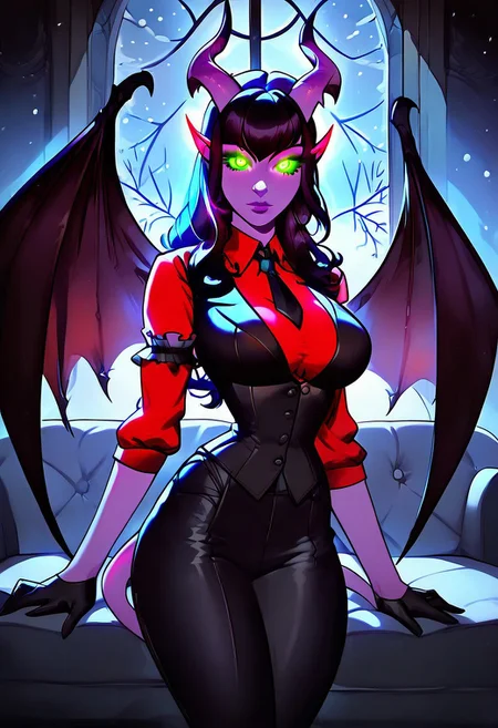 score_9, score_8_up, score_7_up, smooth style, 1girl, beautiful, purple tiefling, large breasts, large demon wings, perfect face, perfect eyes, sexy, beautiful eyes, perfect cute face, cute nose, Nose bridge, masterpiece, best quality, godrays, green pupils, glowing, glowing eyes, extra detailed, high res, indoors, couch, fireplace, night, window, snow, red shirt, black necktie, long sleeves, arm garter, black gloves, black vest, waistcoat, black pants,,