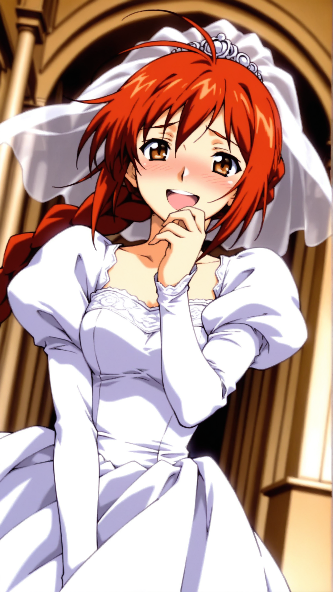 source_anime, general, best quality, masterpiece, 1girl,  <lora:honey_B_ill:1> honey_b\(gbattle\),braid, red hair,long hair,single braid,brown eyes,wedding dress,chapel, laughing, (embarrassed:0.8) , dynamic pose, dutch angle,