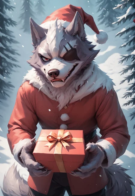 safe_pos, kftenhance, FF Christmas Painting Style, score_9, score_8_up, score_7_up, score_6_up, score_5_up, score_4_up, source_furry, 1boy, furry, anthro, male, solo, grey fur, Wolf O'Donnell, Red Eye, Right Eyepatch, santa outfit, santa hat, paws, tail, sharp fangs, sexy pose, looking at viewer, smile, holding christmas present, snowy forest background