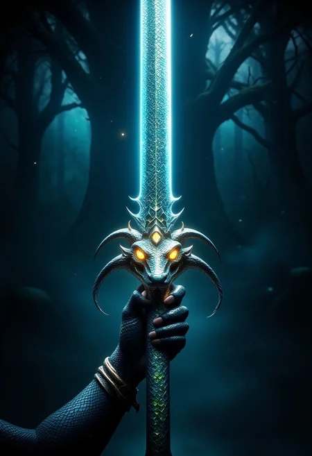 sn4k3, aidmamj6.1, anime, cyberpunk, Design a magical sword crafted entirely from shimmering snake scales, with a blade that glows faintly with an otherworldly iridescence. The hilt is shaped like a snake's head, its eyes glowing with a piercing, magical light, and its fangs forming the crossguard. The scales on the blade shift and ripple as if alive, giving the sword a sense of motion and power. The overall design is sleek and elegant, blending danger and mysticism. The sword is held aloft in a dark, atmospheric setting, perhaps in a misty forest or ancient temple, with faint beams of light highlighting its intricate details. The scene feels both enchanting and ominous, as if the sword holds immense, untamed power.