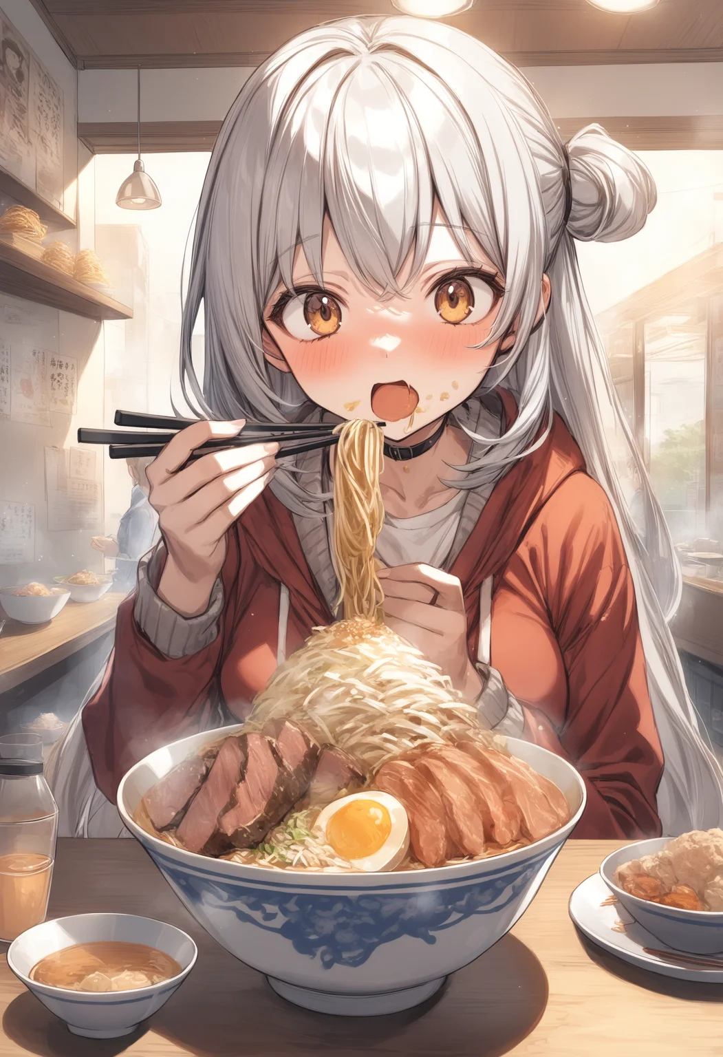 1girl, <lora:sdxl2-flat2-512b:-1>,medium breasts,school uniform,
<lora:jirouXLv1:0.6>,jirou,
food, chopsticks, noodles, ramen, bowl, open mouth,upper body, eating, indoors, egg, meat, vegetable, restaurant,
best quality,medium quality,